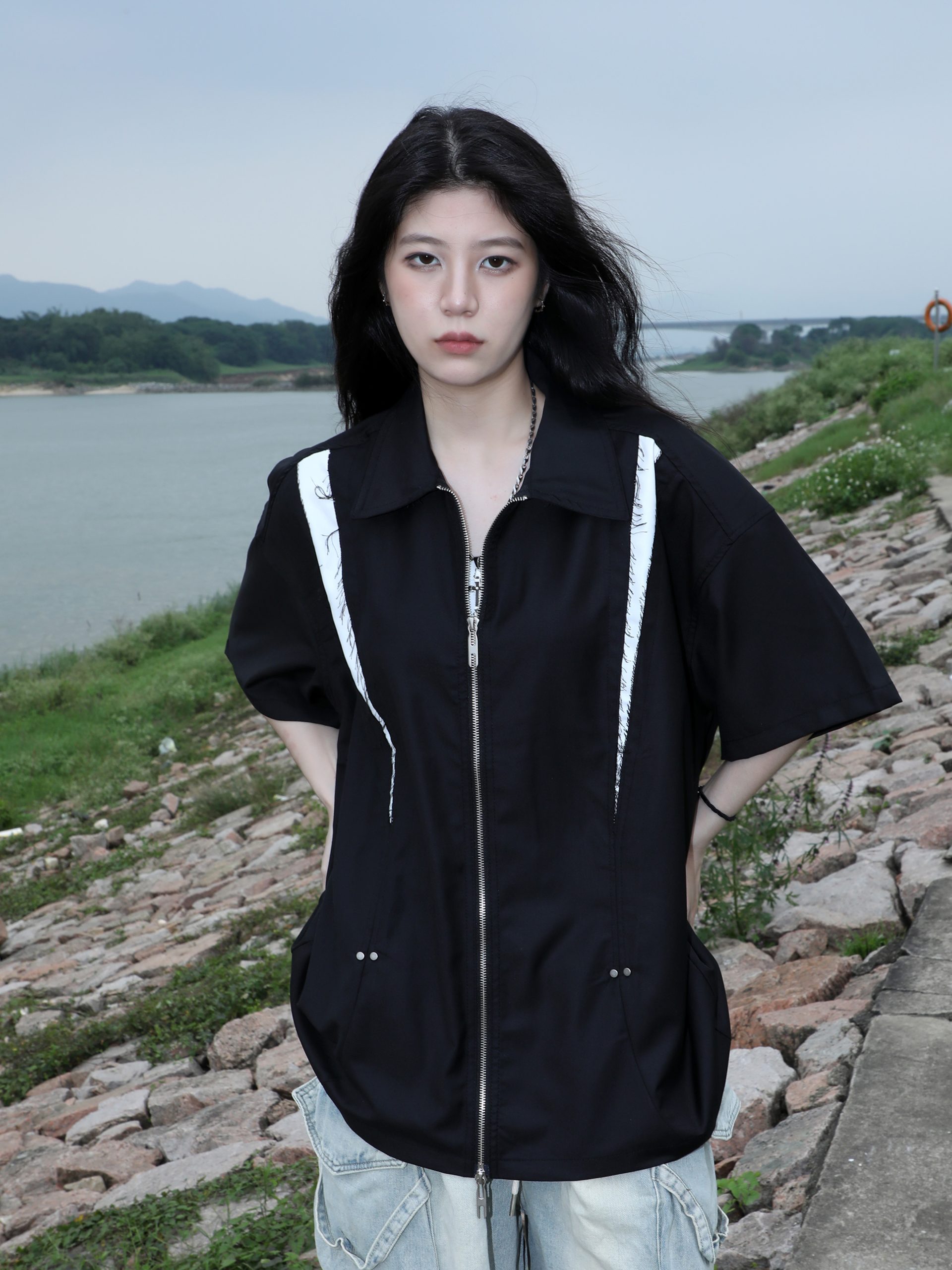 American Retro Patchwork Zip Short Sleeve Shirt for Women - Summer Loose Fit Casual Top, Y2K Street Style Fashion American Retro Patchwork Zip Short Sleeve Shirt for Women - Summer Loose Fit Casual Top, Y2K Street Style Fashion