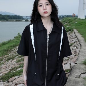 American Retro Patchwork Zip Short Sleeve Shirt for Women - Summer Loose Fit Casual Top, Y2K Street Style Fashion