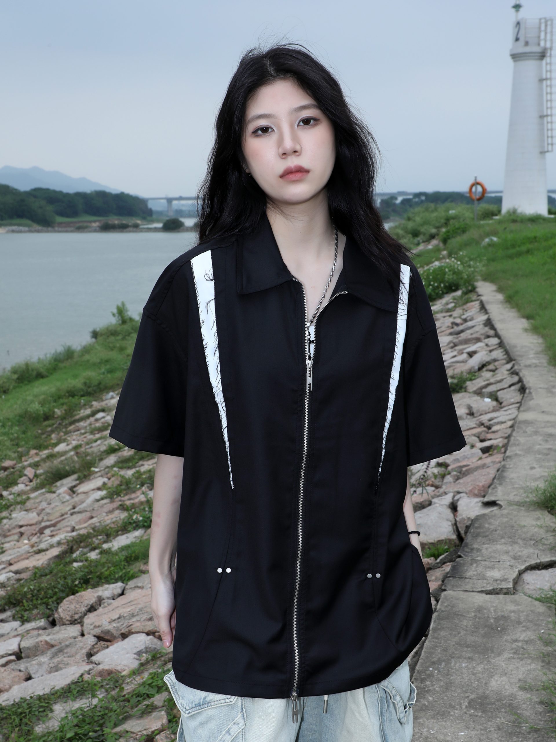 American Retro Patchwork Zip Short Sleeve Shirt for Women - Summer Loose Fit Casual Top, Y2K Street Style Fashion American Retro Patchwork Zip Short Sleeve Shirt for Women - Summer Loose Fit Casual Top, Y2K Street Style Fashion