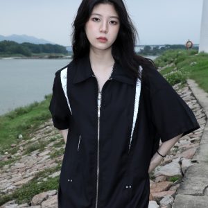 American Retro Patchwork Zip Short Sleeve Shirt for Women - Summer Loose Fit Casual Top, Y2K Street Style Fashion