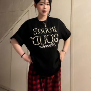 American Retro Pearl Studded Black Oversized T-Shirt for Women - Summer Short Sleeve Loose Fit Trendy Top