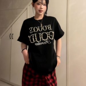 American Retro Pearl Studded Black Oversized T-Shirt for Women - Summer Short Sleeve Loose Fit Trendy Top