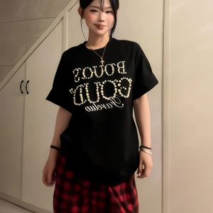 American Retro Pearl Studded Black Oversized T-Shirt for Women - Summer Short Sleeve Loose Fit Trendy Top