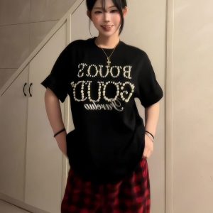 American Retro Pearl Studded Black Oversized T-Shirt for Women - Summer Short Sleeve Loose Fit Trendy Top