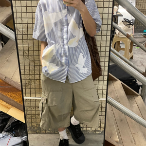 American Retro Pigeon Print Striped Short Sleeve Shirt for Men & Women - Summer Casual Loose Fit Trendy Top