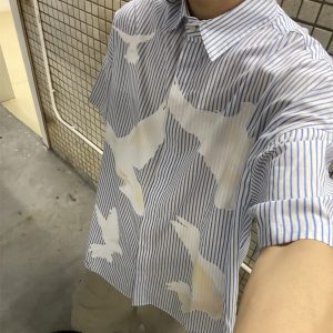 American Retro Pigeon Print Striped Short Sleeve Shirt for Men & Women - Summer Casual Loose Fit Trendy Top