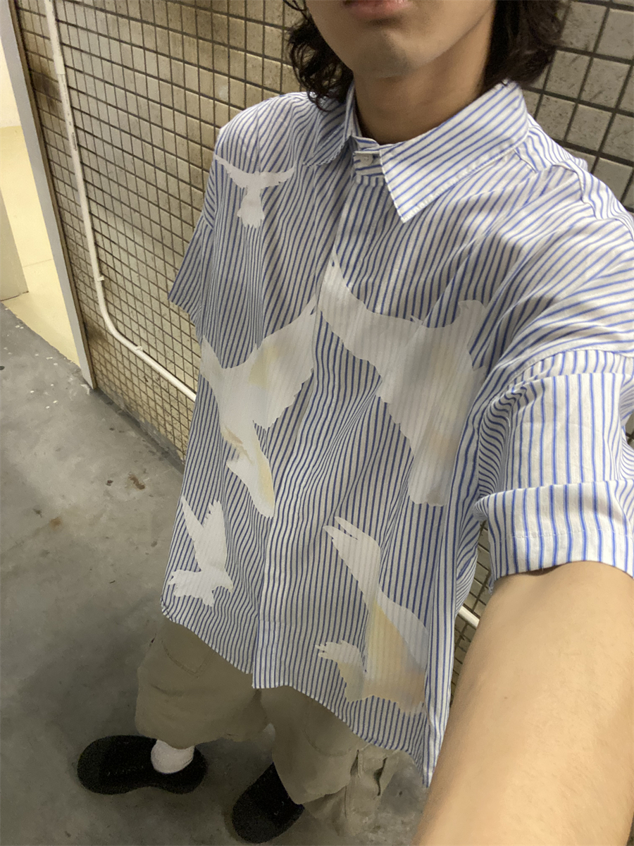 American Retro Pigeon Print Striped Short Sleeve Shirt for Men & Women - Summer Casual Loose Fit Trendy Top American Retro Pigeon Print Striped Short Sleeve Shirt for Men & Women - Summer Casual Loose Fit Trendy Top