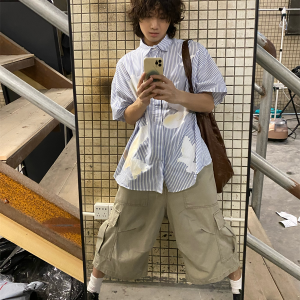 American Retro Pigeon Print Striped Short Sleeve Shirt for Men & Women - Summer Casual Loose Fit Trendy Top