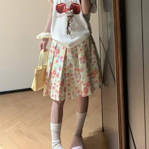 American Retro Pink Floral Midi Skirt for Women - Versatile High-Waisted Pleated Summer Skirt, Casual 90s Style