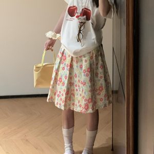 American Retro Pink Floral Midi Skirt for Women - Versatile High-Waisted Pleated Summer Skirt, Casual 90s Style