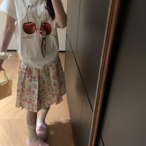 American Retro Pink Floral Midi Skirt for Women - Versatile High-Waisted Pleated Summer Skirt, Casual 90s Style