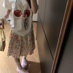 American Retro Pink Floral Midi Skirt for Women - Versatile High-Waisted Pleated Summer Skirt, Casual 90s Style