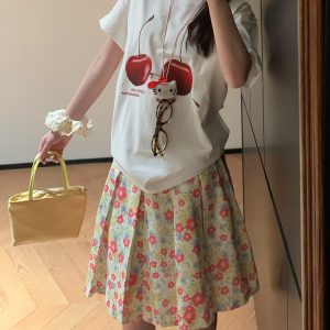 American Retro Pink Floral Midi Skirt for Women - Versatile High-Waisted Pleated Summer Skirt, Casual 90s Style