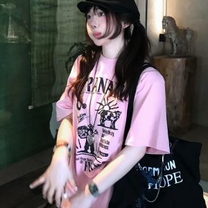 American Retro Pink Short-Sleeve Women's Summer Heavyweight T-Shirt with Illustration Letter Print - Casual College Style Top