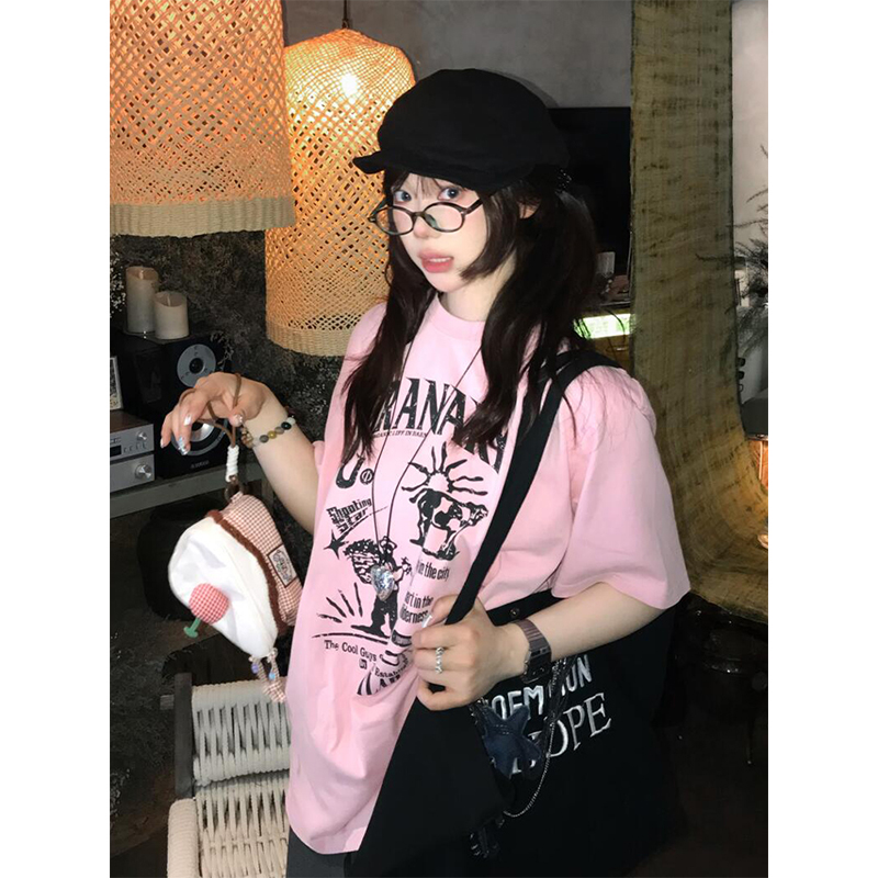 American Retro Pink Short-Sleeve Women's Summer Heavyweight T-Shirt with Illustration Letter Print - Casual College Style Top