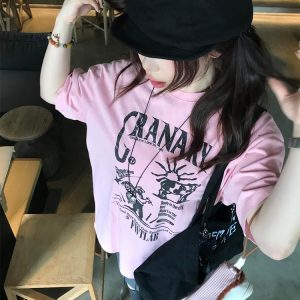 American Retro Pink Short-Sleeve Women's Summer Heavyweight T-Shirt with Illustration Letter Print - Casual College Style Top