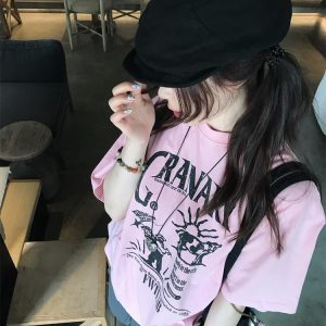 American Retro Pink Short-Sleeve Women's Summer Heavyweight T-Shirt with Illustration Letter Print - Casual College Style Top