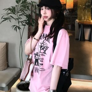 American Retro Pink Short-Sleeve Women's Summer Heavyweight T-Shirt with Illustration Letter Print - Casual College Style Top