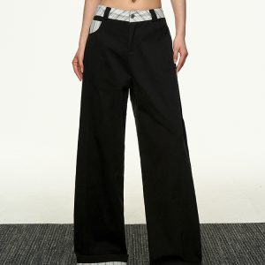 American Retro Plaid Patchwork Denim Pants for Women - Summer Loose Straight-Leg Wide-Leg Korean Style Trousers