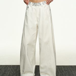 American Retro Plaid Patchwork Denim Pants for Women - Summer Loose Straight-Leg Wide-Leg Korean Style Trousers