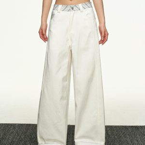 American Retro Plaid Patchwork Denim Pants for Women - Summer Loose Straight-Leg Wide-Leg Korean Style Trousers