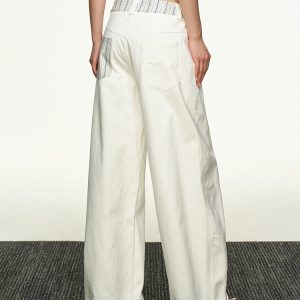 American Retro Plaid Patchwork Denim Pants for Women - Summer Loose Straight-Leg Wide-Leg Korean Style Trousers