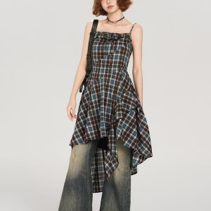 American Retro Plaid Spaghetti Strap Dress for Women - Fitted Summer Style, Cute Girly Design, Perfect for Y2K Fashion Lovers