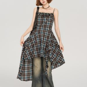 American Retro Plaid Spaghetti Strap Dress for Women - Fitted Summer Style, Cute Girly Design, Perfect for Y2K Fashion Lovers