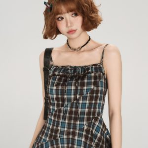 American Retro Plaid Spaghetti Strap Dress for Women - Fitted Summer Style, Cute Girly Design, Perfect for Y2K Fashion Lovers