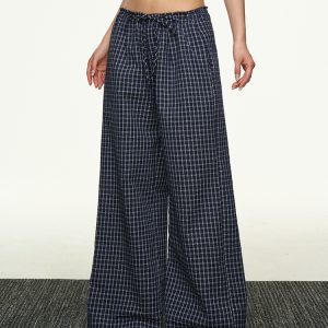American Retro Plaid Wide-Leg Pants for Women - Summer Casual Loose Drape Drawstring Style