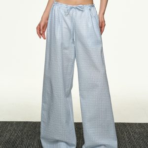 American Retro Plaid Wide-Leg Pants for Women - Summer Casual Loose Drape Drawstring Style
