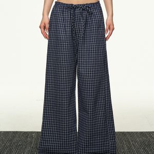 American Retro Plaid Wide-Leg Pants for Women - Summer Casual Loose Drape Drawstring Style