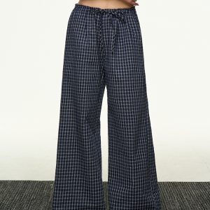 American Retro Plaid Wide-Leg Pants for Women - Summer Casual Loose Drape Drawstring Style