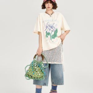 American Retro Plant Print Short Sleeve T-Shirt for Women - Summer Casual Loose Fit Top, Girly Style, Vintage Inspired