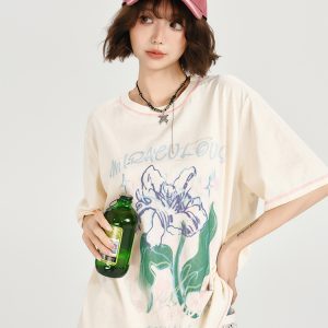 American Retro Plant Print Short Sleeve T-Shirt for Women - Summer Casual Loose Fit Top, Girly Style, Vintage Inspired