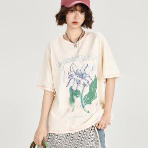 American Retro Plant Print Short Sleeve T-Shirt for Women - Summer Casual Loose Fit Top, Girly Style, Vintage Inspired