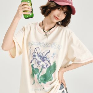 American Retro Plant Print Short Sleeve T-Shirt for Women - Summer Casual Loose Fit Top, Girly Style, Vintage Inspired