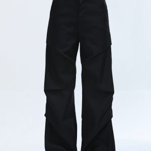 American Retro Pleated Black Casual Pants for Women - Niche Loose Straight Wide-Leg Design, Vintage Style, Comfortable Fit