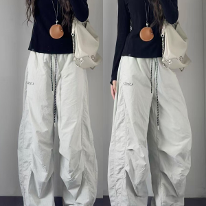 American Retro Pleated Cargo Pants for Men and Women - Loose Wide-Leg Parachute Pants with Elastic Waist and Drawstring, Trendy Sports Dance Style