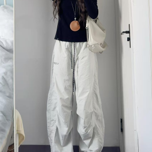 American Retro Pleated Cargo Pants for Men and Women - Loose Wide-Leg Parachute Pants with Elastic Waist and Drawstring, Trendy Sports Dance Style