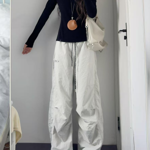 American Retro Pleated Cargo Pants for Men and Women - Loose Wide-Leg Parachute Pants with Elastic Waist and Drawstring, Trendy Sports Dance Style