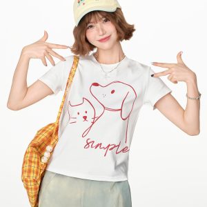 American Retro Printed Basic Round Neck Short Sleeve T-Shirt for Women - Casual Slim Fit Summer Top, Y2K Inspired Fashion