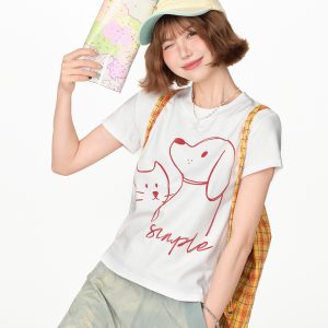 American Retro Printed Basic Round Neck Short Sleeve T-Shirt for Women - Casual Slim Fit Summer Top, Y2K Inspired Fashion