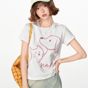 American Retro Printed Basic Round Neck Short Sleeve T-Shirt for Women - Casual Slim Fit Summer Top, Y2K Inspired Fashion