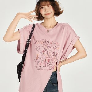 American Retro Printed Drop Shoulder Short Sleeve T-Shirt for Women - Casual Loose Fit with Side Slit - Summer 90s Style