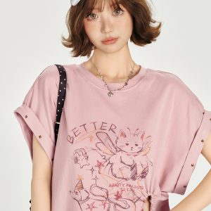 American Retro Printed Drop Shoulder Short Sleeve T-Shirt for Women - Casual Loose Fit with Side Slit - Summer 90s Style