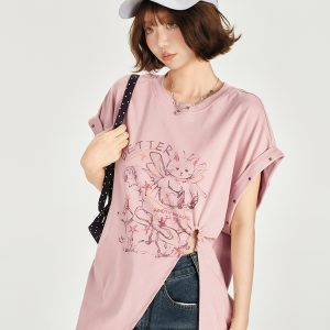 American Retro Printed Drop Shoulder Short Sleeve T-Shirt for Women - Casual Loose Fit with Side Slit - Summer 90s Style