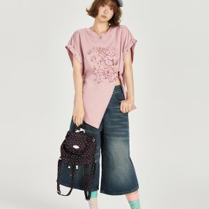 American Retro Printed Drop Shoulder Short Sleeve T-Shirt for Women - Casual Loose Fit with Side Slit - Summer 90s Style