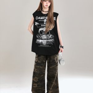 American Retro Printed Letter Tank Top for Girls - Summer 2025 Loose Slimming Sleeveless Sports Top, Y2K Style