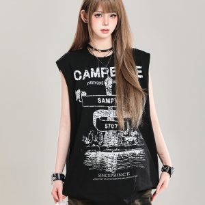 American Retro Printed Letter Tank Top for Girls - Summer 2025 Loose Slimming Sleeveless Sports Top, Y2K Style